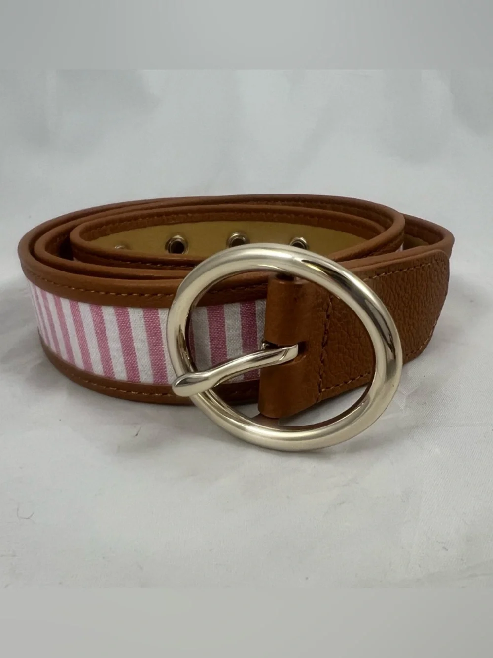 Talbots Women’s Pink & White Striped Brown Leather Trim Belt Size M